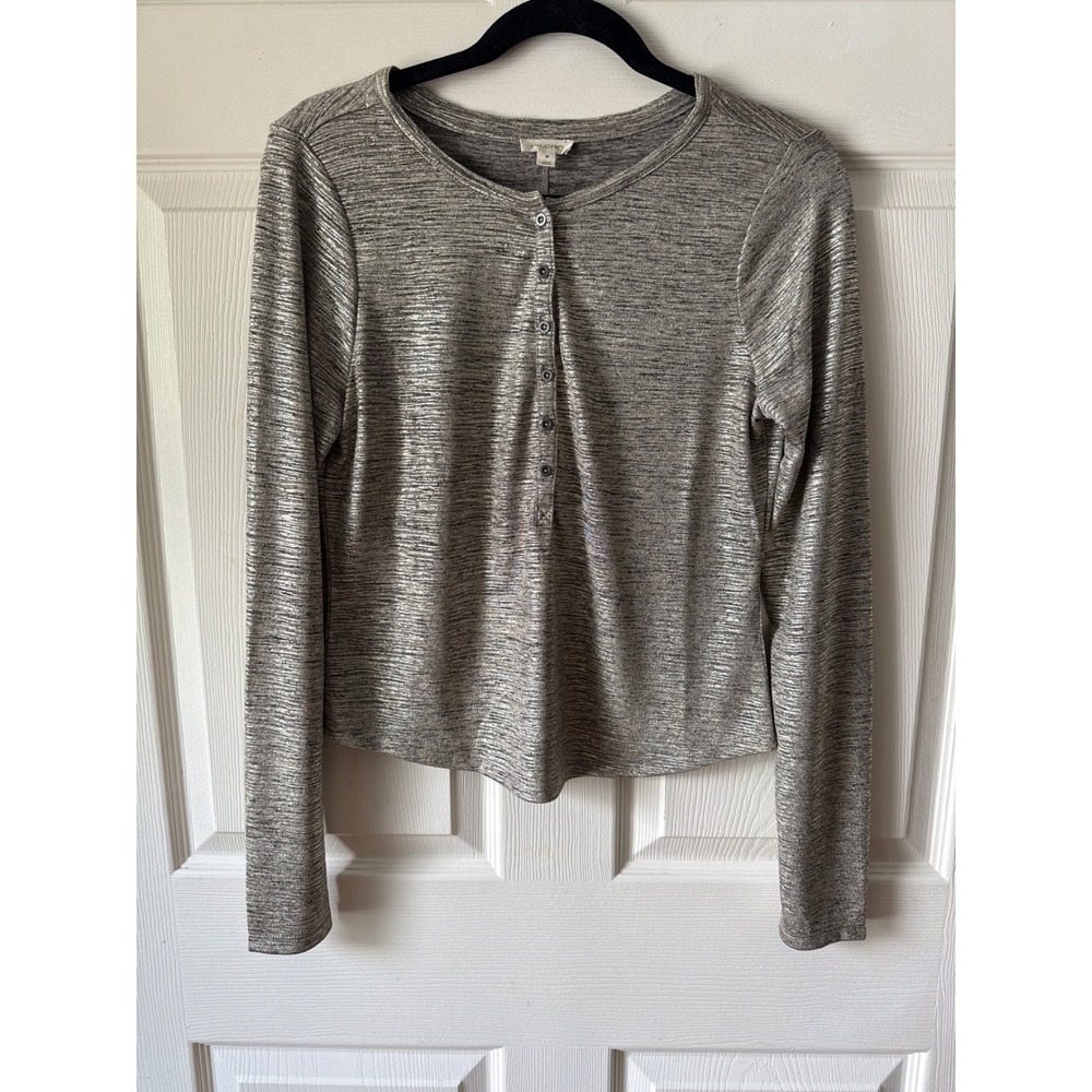Pilcro Henley Top Womens Medium Silver Gold Metallic Long Sleeve Anthropologie